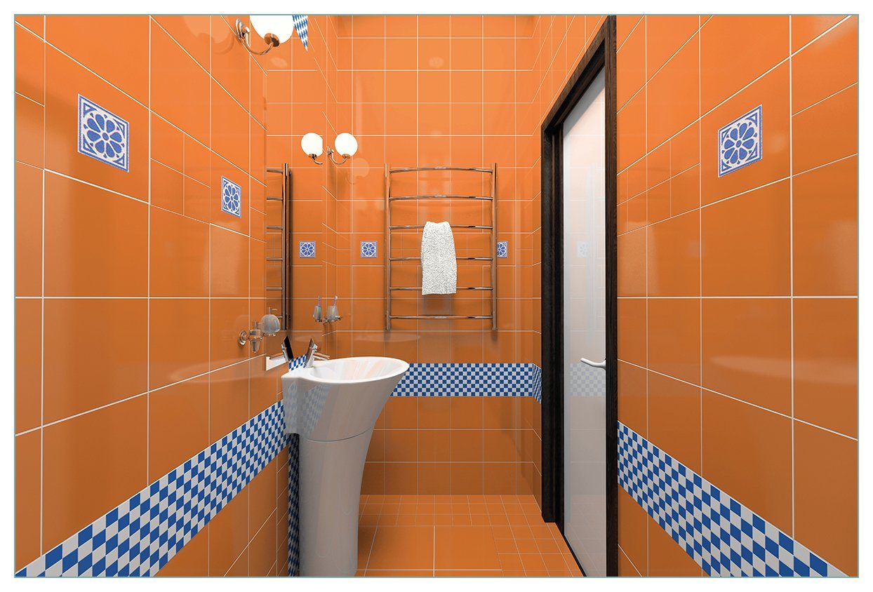 Wallario Küchenrückwand Modernes Badezimmer in orange mit blauen Fliesen, (1-tlg) von Wallario