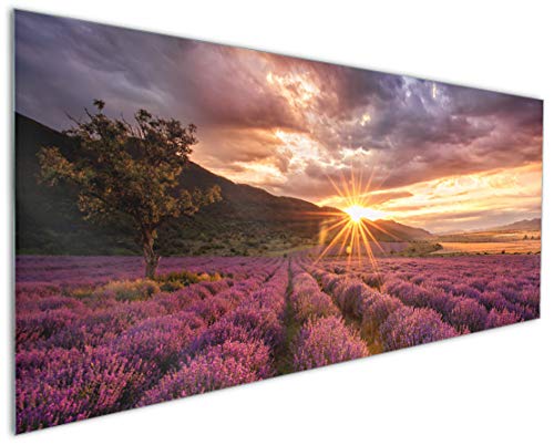 Wallario Küchenrückwand aus Glas 125 x 50 cm, Motiv: Lavendelfeld bei Sonnenuntergang - Sonnenstrahlen | Spritzschutz abwischbar & pflegeleicht von Wallario
