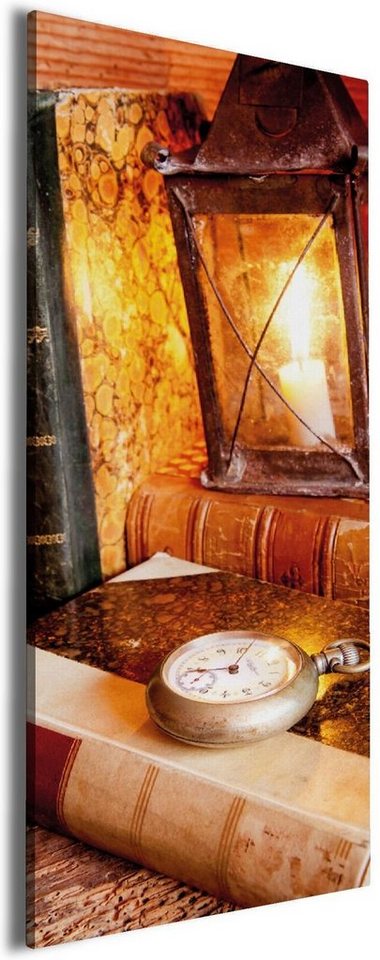 Wallario Leinwandbild, Antike Laterne mit Kerze alten Büchern und Taschenuhr, in verschiedenen Ausführungen von Wallario