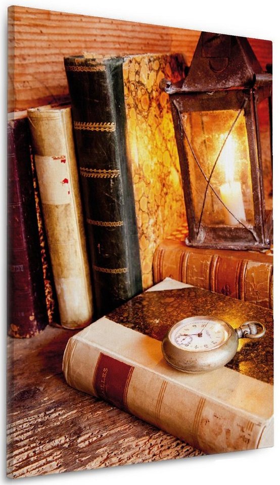 Wallario Leinwandbild, Antike Laterne mit Kerze alten Büchern und Taschenuhr, in verschiedenen Ausführungen von Wallario