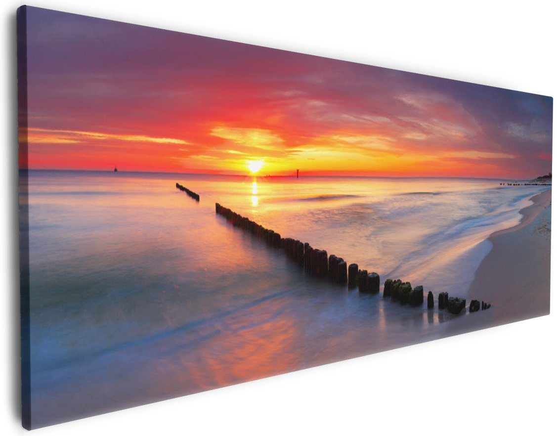 Wallario Leinwandbild, Farbenspiel im Himmel - Sonnenuntergang am Strand, in verschiedenen Ausführungen von Wallario