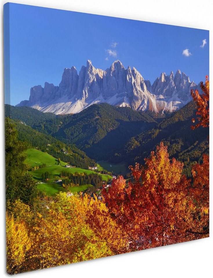 Wallario Leinwandbild, Herbst im Gebirgstal unter blauem Himmel, in verschiedenen Ausführungen von Wallario