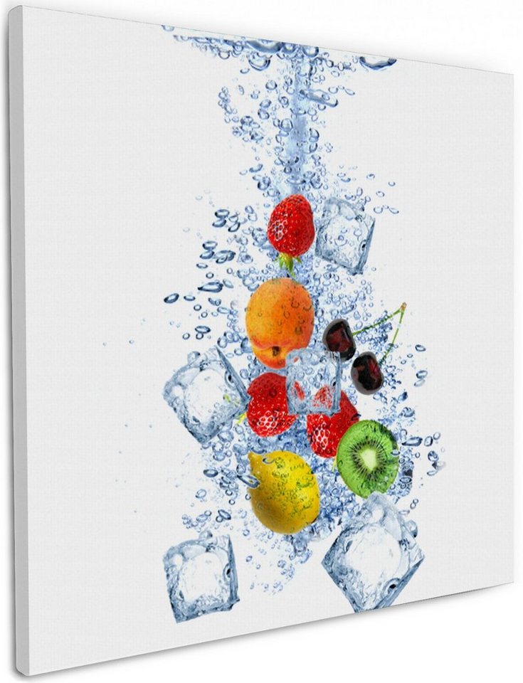 Wallario Leinwandbild, Obst-Eiswürfel-Mix im Wasser mit weißem Hintergrund, in verschiedenen Ausführungen von Wallario