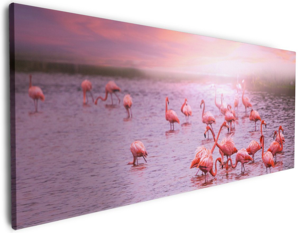 Wallario Leinwandbild, Rosa Flamingos bei Sonnenuntergang, in verschiedenen Ausführungen von Wallario