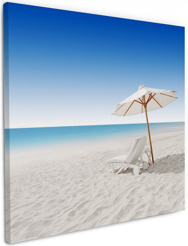 Wallario Leinwandbild, Sonnenliege am weißen Strand unter blauem Himmel, in verschiedenen Ausführungen von Wallario