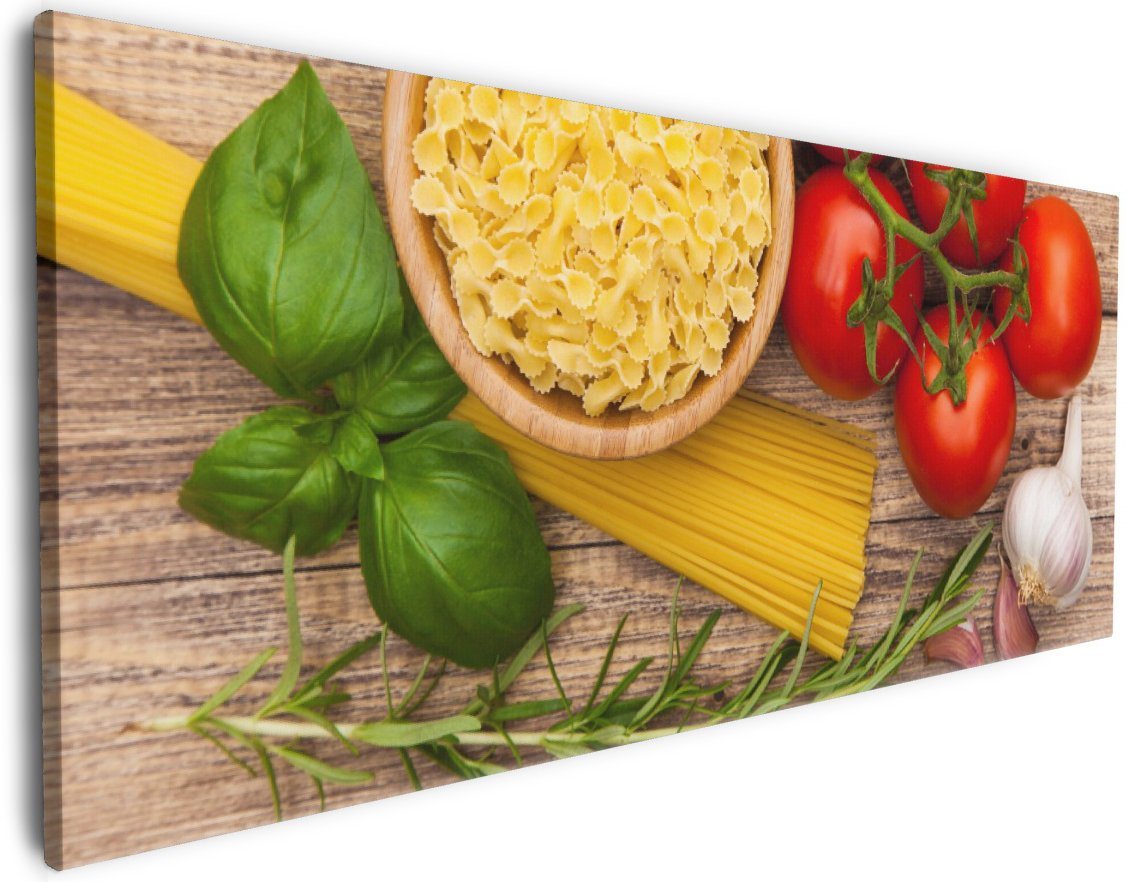 Wallario Leinwandbild, Spaghetti mit Tomaten, Knoblauch und Basilikum, in verschiedenen Ausführungen von Wallario