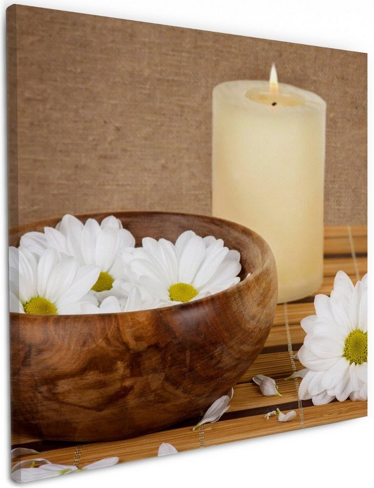 Wallario Leinwandbild, Stillleben - Kerzen und Blumenblüten in Holzschale, in verschiedenen Ausführungen Wallario Leinwandbild, Stillleben - Kerzen und Blumenblüten in Holzschale, in verschiedenen Ausführungen von Wallario