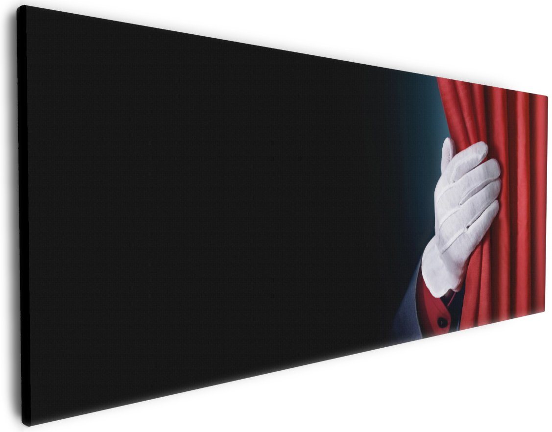 Wallario Leinwandbild, Vorhang auf für die Show Hand hinterm roten Vorhang, in verschiedenen Ausführungen von Wallario