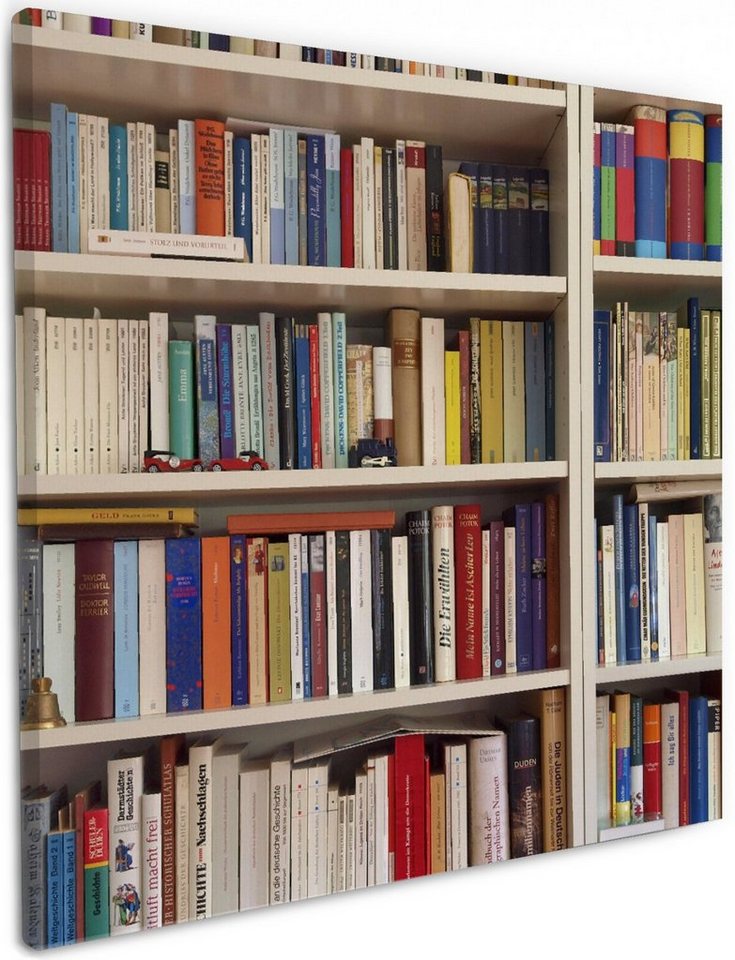 Wallario Leinwandbild, Weißes Bücherregal mit unterschiedlichen Büchern, in verschiedenen Ausführungen von Wallario