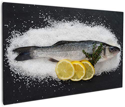 Wallario Leinwandbild Fischmenü - Frischer Fisch auf Salz mit Zitronen - Wandbild 60 x 90 cm: Kunstdruck | Brillante lichtechte Farben | hochauflösend | verzugsfrei von Wallario