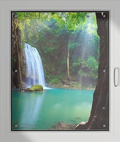 Wallario Lichtschutzbild, Dekorativer Sichtschutz Sonnenschutz 76 x 93 cm mit Motiv: Wasserfall im Wald am See Idylle in Thailand - Verdunklungsrollo ohne Bohren Wallario Lichtschutzbild, Dekorativer Sichtschutz Sonnenschutz 76 x 93 cm mit Motiv: Wasserfall im Wald am See Idylle in Thailand - Verdunklungsrollo ohne Bohren von Wallario