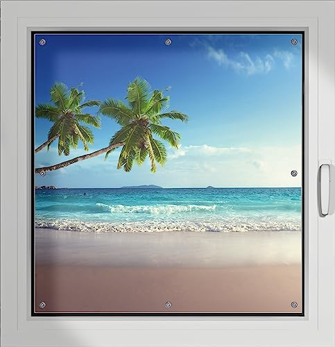 Wallario Lichtschutzbild, Dekorativer Sichtschutz Sonnenschutz 96 x 100 cm mit Motiv: Sandstrand auf den Seychellen - Urlaub unter Palmen - Verdunklungsrollo ohne Bohren von Wallario