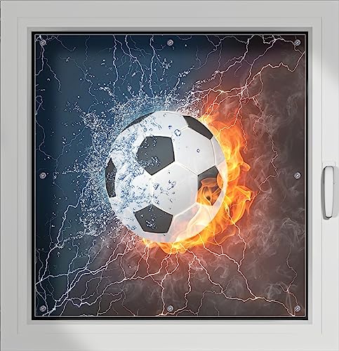 Wallario Lichtschutzbild, Dekorativer Sichtschutz Sonnenschutz 96 x 93 cm mit Motiv: Fußball - Feuer und Wasser - Verdunklungsrollo ohne Bohren von Wallario