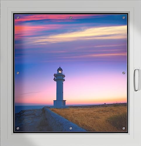 Wallario Lichtschutzbild, Dekorativer Sichtschutz Sonnenschutz 96 x 93 cm mit Motiv: Leuchtturm am Abend auf den Balearen Malerischer Himmel - Verdunklungsrollo ohne Bohren Wallario Lichtschutzbild, Dekorativer Sichtschutz Sonnenschutz 96 x 93 cm mit Motiv: Leuchtturm am Abend auf den Balearen Malerischer Himmel - Verdunklungsrollo ohne Bohren von Wallario