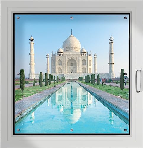 Wallario Lichtschutzbild, Dekorativer Sichtschutz Sonnenschutz 96 x 93 cm mit Motiv: Taj Mahal - Mausoleum in Indien - Verdunklungsrollo ohne Bohren von Wallario