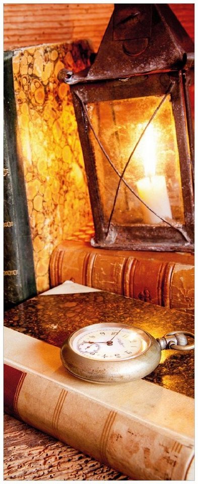 Wallario Memoboard Antike Laterne mit Kerze alten Büchern und Taschenuhr von Wallario