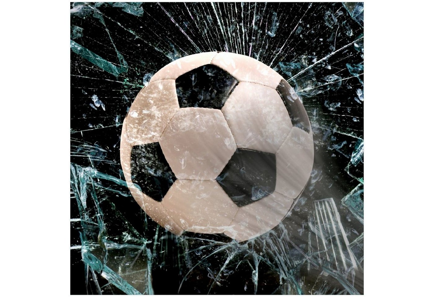 Wallario Memoboard Fußball - im Fenster, Splitter und Glas von Wallario