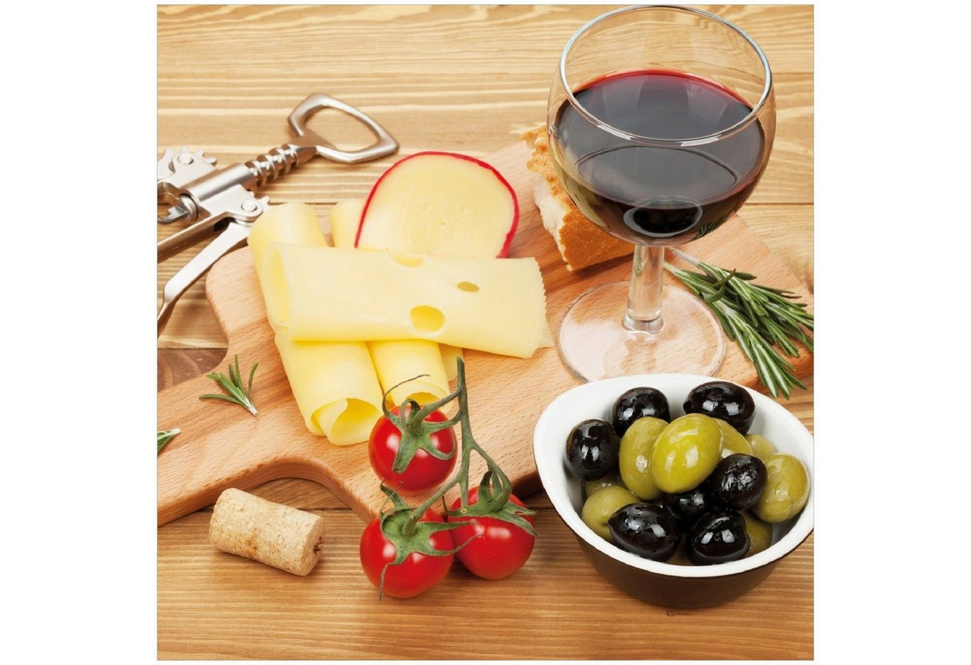 Wallario Memoboard Genuss am Abend - Rotwein, Käseplatte, Oliven und Tomaten von Wallario