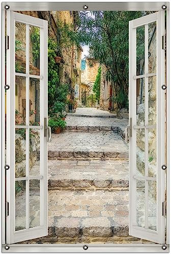 Wallario Outdoor-Poster für Garten oder Balkon Alte steinerne Gasse in Südfrankreich, Motivbanner Größe: ca. 100 x 150 cm mit Fenster-Illusion von Wallario