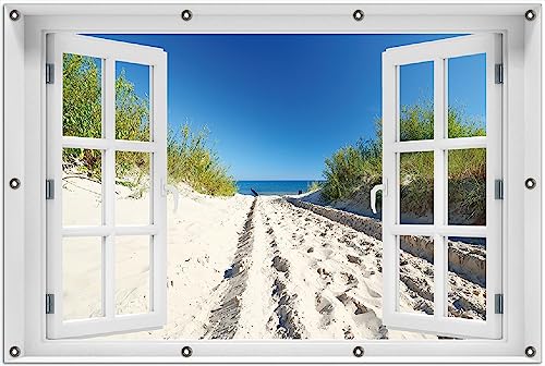 Wallario Outdoor-Poster für Garten oder Balkon Auf dem Sandweg zum Strand - Blauer Himmel über dem Meer, Motivbanner Größe: ca. 100 x 150 cm mit Fenster-Illusion von Wallario