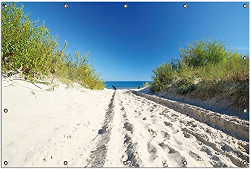 Wallario Outdoor-Poster für Garten oder Balkon Auf dem Sandweg zum Strand - Blauer Himmel über dem Meer, Motivbanner Größe: ca. 120 x 180 cm, Outdoor-Bild von Wallario