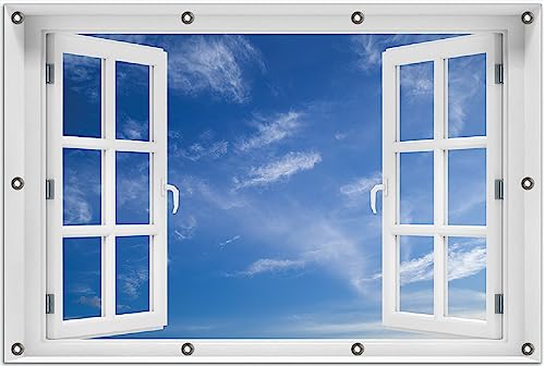 Wallario Outdoor-Poster für Garten oder Balkon Blauer Himmel mit vereinzelten Wolken, Motivbanner Größe: ca. 80 x 120 cm Fenster-Illusion von Wallario