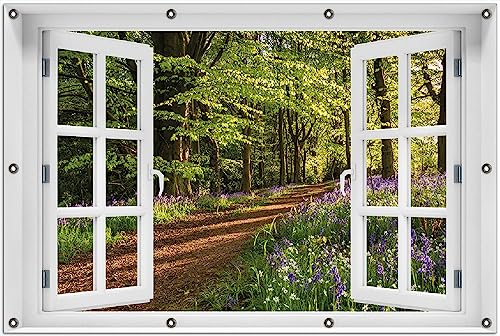 Wallario Outdoor-Poster für Garten oder Balkon Blaues Hasenglöckchen im Sommerwald, Motivbanner Größe: ca. 100 x 150 cm mit Fenster-Illusion von Wallario