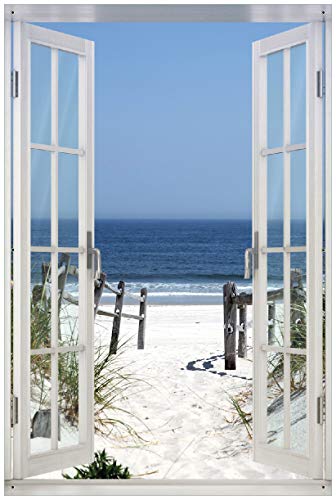 Wallario Outdoor-Poster für Garten oder Balkon Blick auf Strand, Motivbanner Größe: ca. 60 x 90 cm mit Fenster-Illusion von Wallario