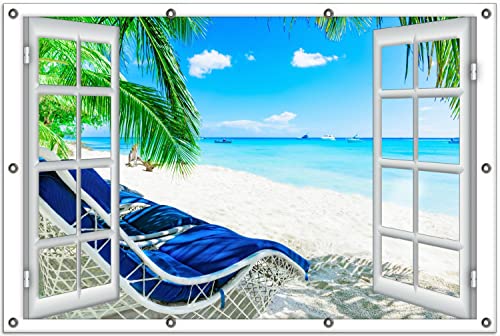 Wallario Outdoor-Poster für Garten oder Balkon Blick durch EIN Fenster auf den Strand, Motivbanner Größe: ca. 100 x 150 cm, Outdoor-Bild von Wallario