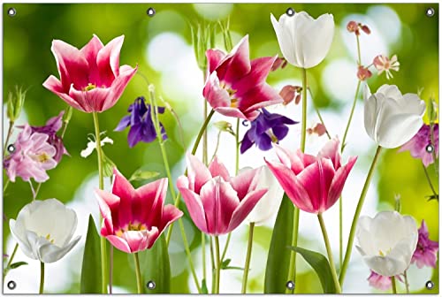 Wallario Outdoor-Poster für Garten oder Balkon Blühende Blumen im Frühling in pink und weiß, Motivbanner Größe: ca. 100 x 150 cm, Outdoor-Bild von Wallario