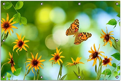 Wallario Outdoor-Poster für Garten oder Balkon Blumen mit Schmetterling, Motivbanner Größe: ca. 80 x 120 cm, Outdoor-Bild von Wallario