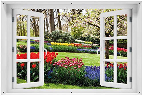 Wallario Outdoor-Poster für Garten oder Balkon Bunte Blumen und Kirsch-Baum im Park blühen im Frühling, Motivbanner Größe: ca. 60 x 90 cm mit Fenster-Illusion von Wallario