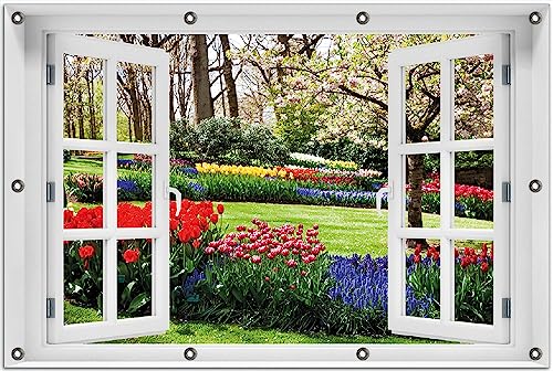 Wallario Outdoor-Poster für Garten oder Balkon Bunte Blumen und Kirsch-Baum im Park blühen im Frühling, Motivbanner Größe: ca. 80 x 120 cm Fenster-Illusion von Wallario