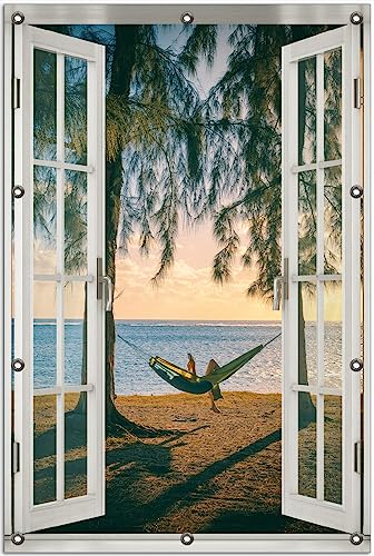 Wallario Outdoor-Poster für Garten oder Balkon Chillout - Hängematte am Meer, Motivbanner Größe: ca. 80 x 120 cm Fenster-Illusion von Wallario