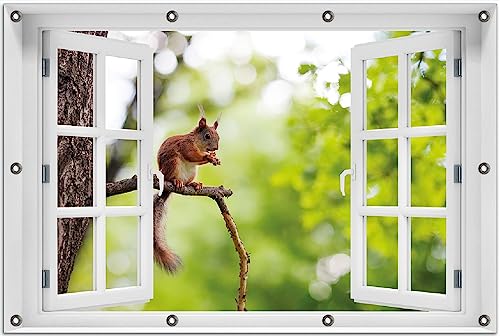 Wallario Outdoor-Poster für Garten oder Balkon Eichhörnchen auf einem AST, Motivbanner Größe: ca. 80 x 120 cm Fenster-Illusion von Wallario