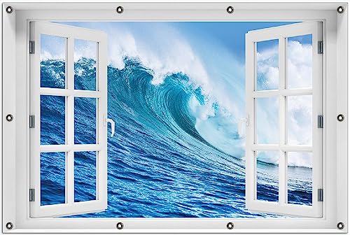 Wallario Outdoor-Poster für Garten oder Balkon Eindrucksvolle Welle im Ozean, Motivbanner Größe: ca. 100 x 150 cm mit Fenster-Illusion von Wallario