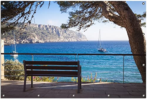 Wallario Outdoor-Poster für Garten oder Balkon Einsame Bank am Meer - Spanien im Sommer, Motivbanner Größe: ca. 120 x 180 cm, Outdoor-Bild von Wallario