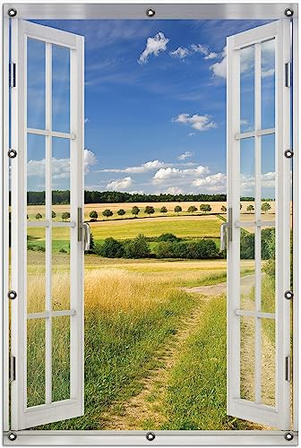 Wallario Outdoor-Poster für Garten oder Balkon Feldlandschaft unter blauem Himmel, Motivbanner Größe: ca. 100 x 150 cm mit Fenster-Illusion von Wallario