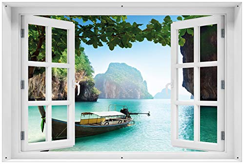 Wallario Outdoor-Poster für Garten oder Balkon Fischerboot in Thailand blaues Meer und Steinfelsen, Motivbanner Größe: ca. 60 x 90 cm mit Fenster-Illusion von Wallario