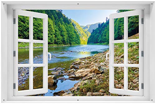 Wallario Outdoor-Poster für Garten oder Balkon Fluss in den Bergen an steinigem Ufer, Motivbanner Größe: ca. 60 x 90 cm mit Fenster-Illusion von Wallario