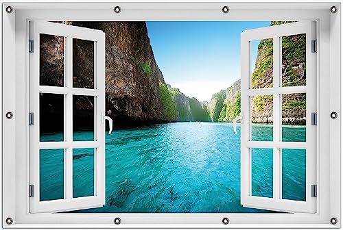 Wallario Outdoor-Poster für Garten oder Balkon Fluss in den Tiefen der Schlucht, Motivbanner Größe: ca. 100 x 150 cm mit Fenster-Illusion von Wallario