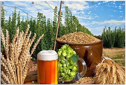 Wallario Outdoor-Poster für Garten oder Balkon Frisch gezapftes Bier, Hopfen und Malz, Motivbanner Größe: ca. 120 x 180 cm, Outdoor-Bild von Wallario