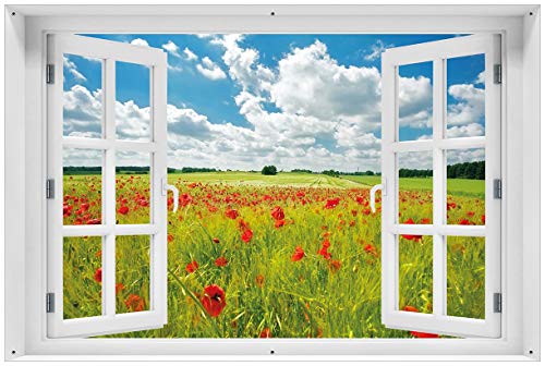 Wallario Outdoor-Poster für Garten oder Balkon Grüne Wiese mit Mohnblumen, Motivbanner Größe: ca. 60 x 90 cm mit Fenster-Illusion von Wallario