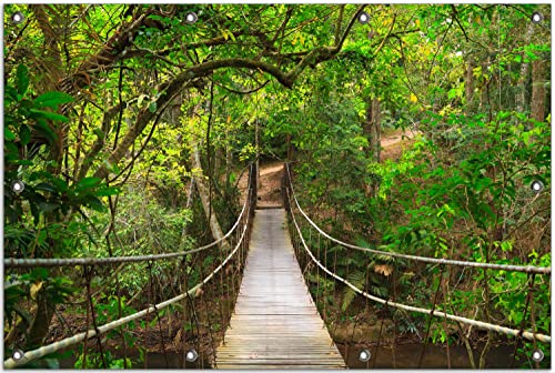 Wallario Outdoor-Poster für Garten oder Balkon Hängebrücke im Urwald grüner Dschungel, Motivbanner Größe: ca. 80 x 120 cm, Outdoor-Bild von Wallario