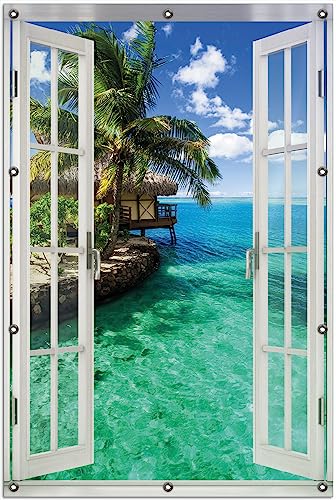 Wallario Outdoor-Poster für Garten oder Balkon Karibisches Meer – Einsame Hütte unter Palmen, Motivbanner Größe: ca. 100 x 150 cm mit Fenster-Illusion von Wallario