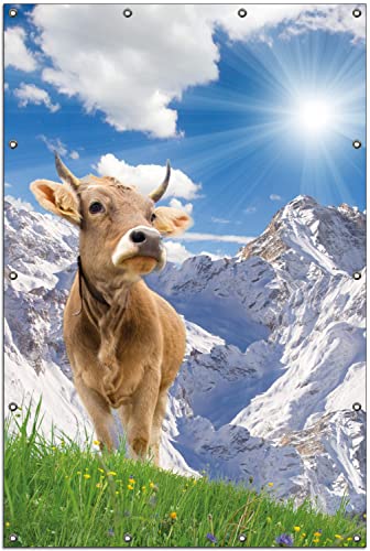 Wallario Outdoor-Poster für Garten oder Balkon Kuh im Sonnenschein in den Alpen, Motivbanner Größe: ca. 120 x 180 cm, Outdoor-Bild von Wallario