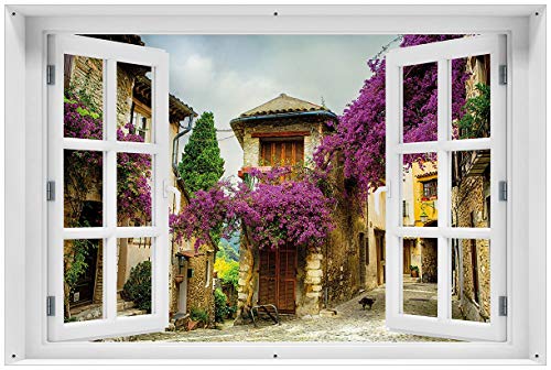 Wallario Outdoor-Poster für Garten oder Balkon Malerische Stadt in der Provence mit bunten Blumen, Motivbanner Größe: ca. 60 x 90 cm mit Fenster-Illusion von Wallario