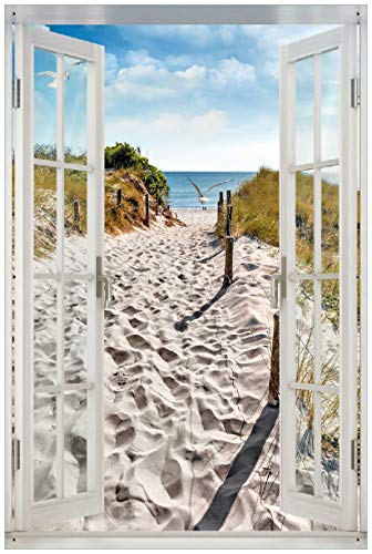 Wallario Outdoor-Poster für Garten oder Balkon Möwen auf dem Weg zum Strand, Motivbanner Größe: ca. 60 x 90 cm mit Fenster-Illusion von Wallario