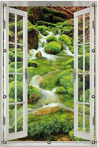 Wallario Outdoor-Poster für Garten oder Balkon Moosiger Bach, Motivbanner Größe: ca. 80 x 120 cm Fenster-Illusion von Wallario