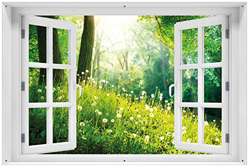 Wallario Outdoor-Poster für Garten oder Balkon Pusteblumen im Wald mit einfallenden Sonnenstrahlen, Motivbanner Größe: ca. 60 x 90 cm mit Fenster-Illusion von Wallario